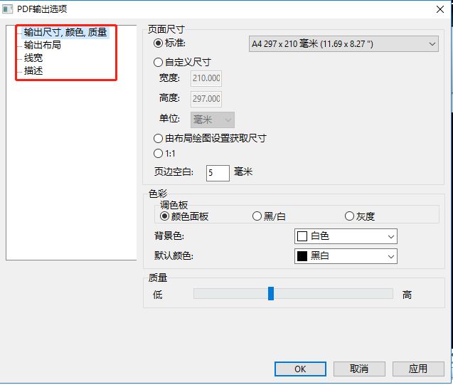 在【PDF輸出選項】次彈窗里對將要輸出的PDF格式文件作自定義設置